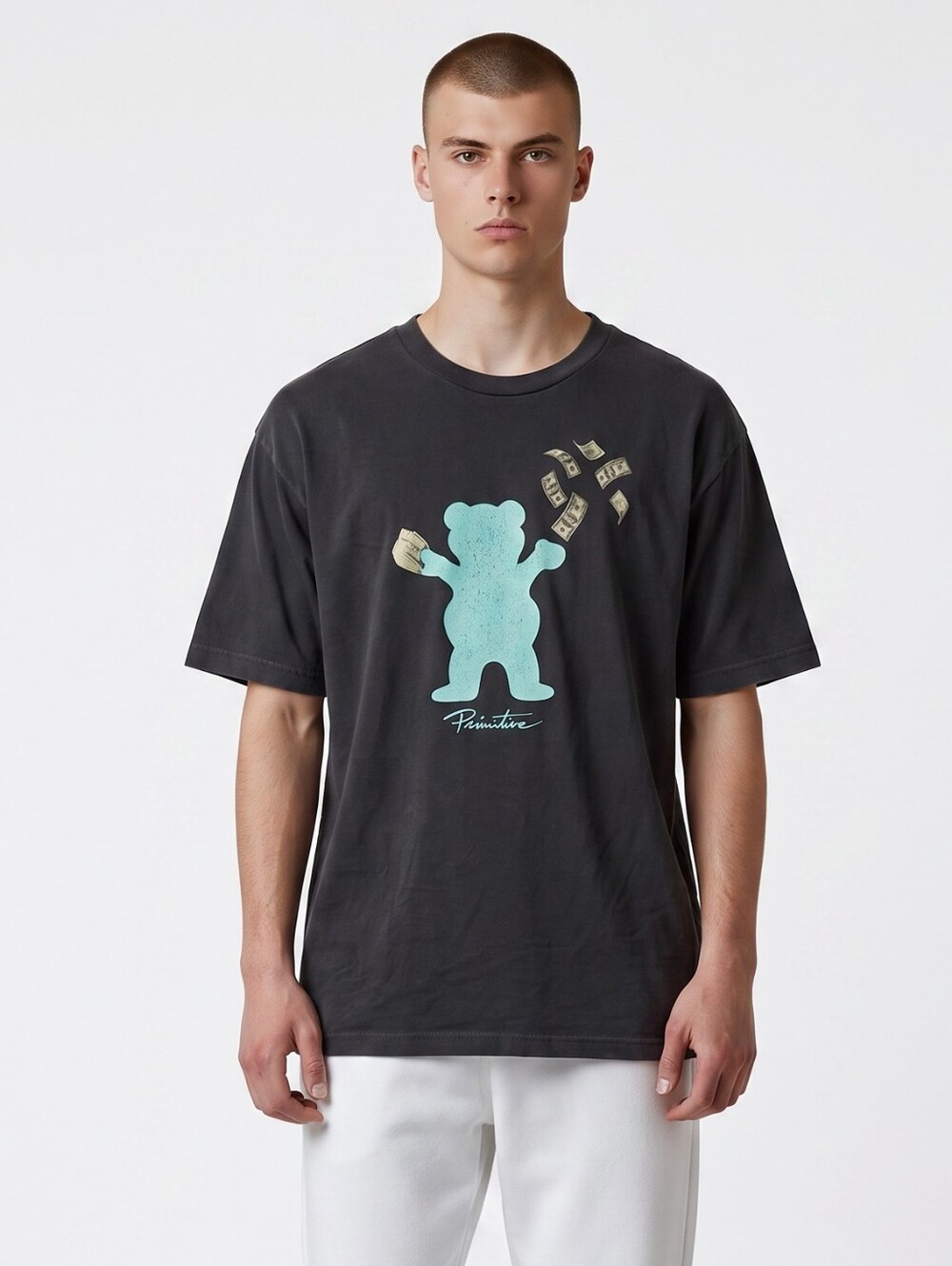 Primitive Men’s Black Graphic T-Shirt with Blue Bear Print